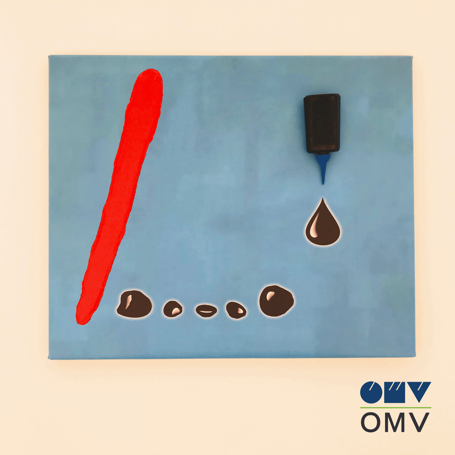 Modrý čtverec s červeným perem a černou tekutinou symbolizuje kreativní digitální řešení na CANCOM smART Walk.