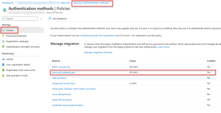 Screenshot of a security system showing the settings for number matching in the Azure Portal.