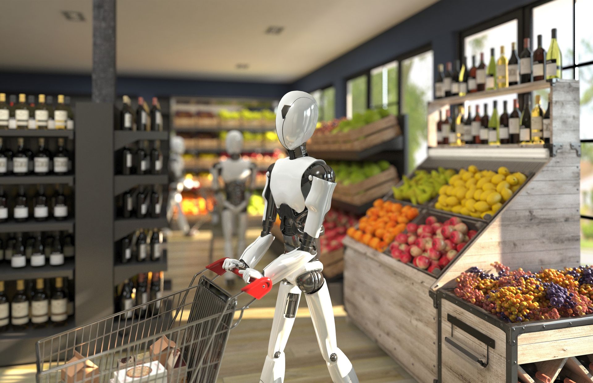 Robot pushes a shopping trolley through a grocery shop.