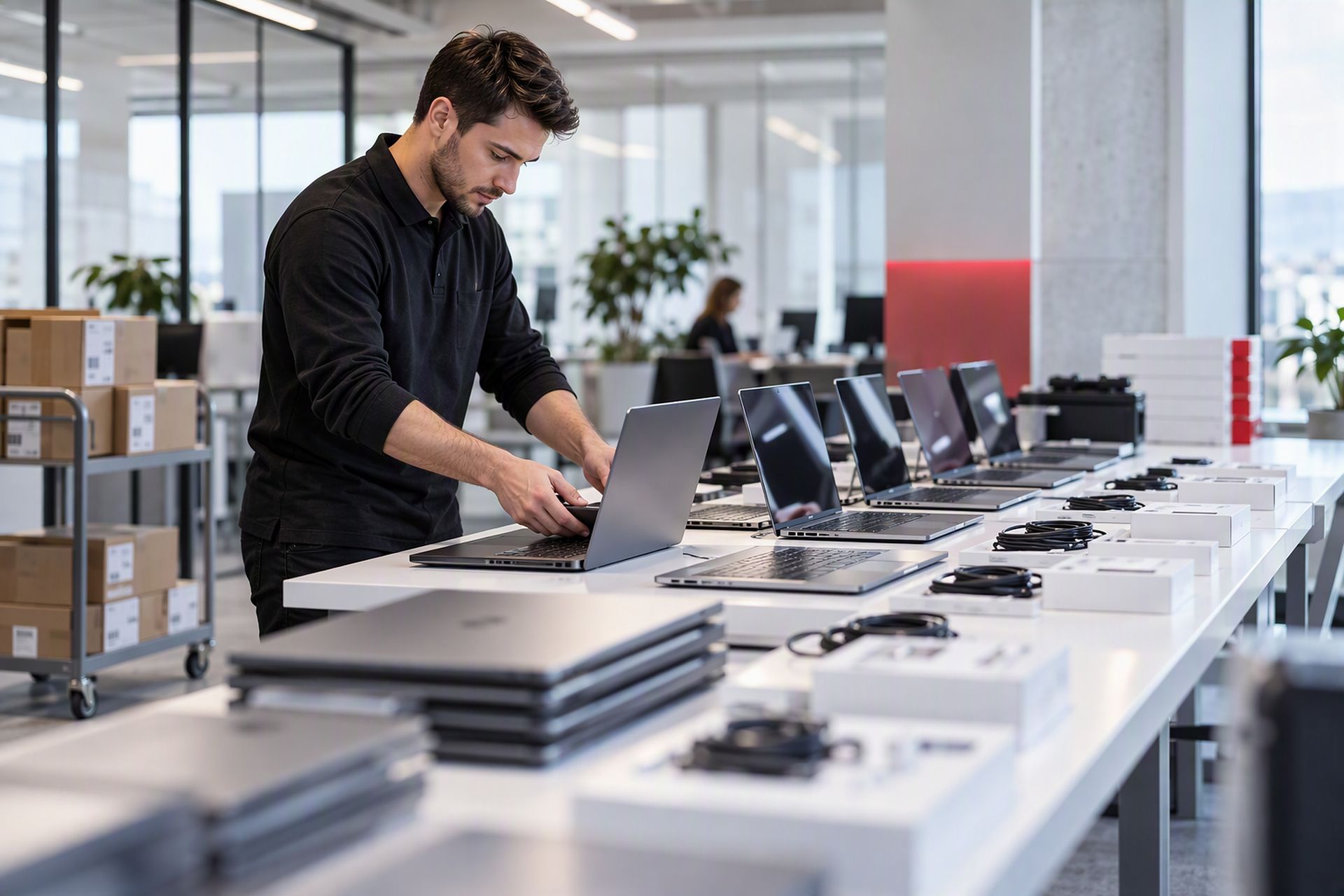 IT technician prepares laptops for roll-out as part of the ‘Device as a Service’ scheme (AI-generated)