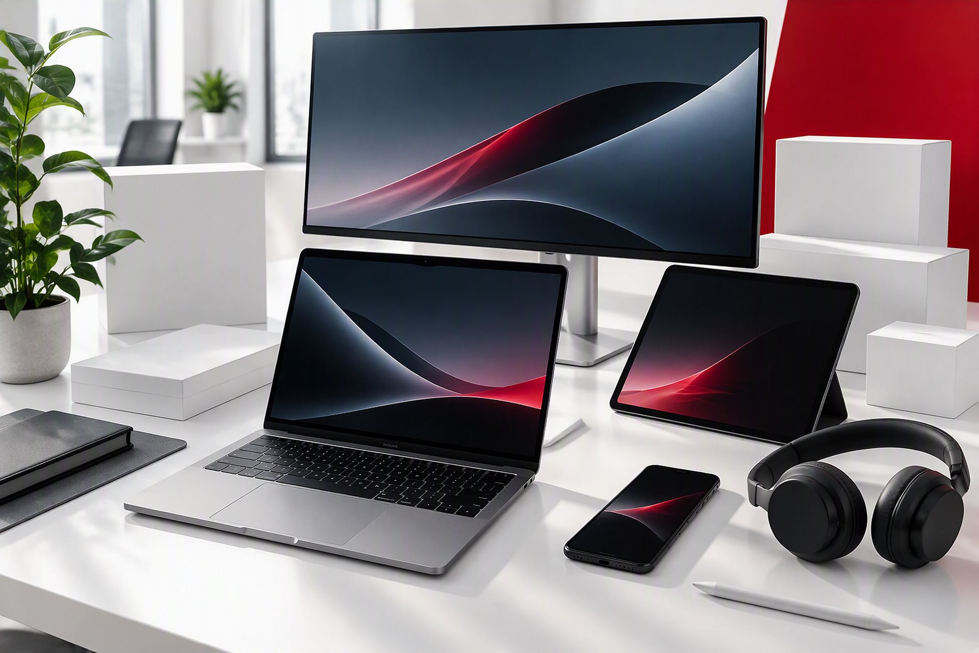 Laptops, tablets, smartphones, monitors and headsets for the modern workplace (AI-generated)