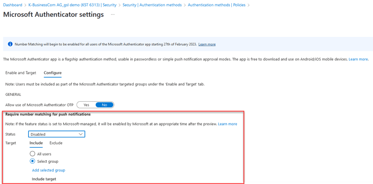Screenshot der Benutzeroberfläche für die Konfiguration der Nummernübereinstimmung in Microsoft Authenticator im Azure Portal.